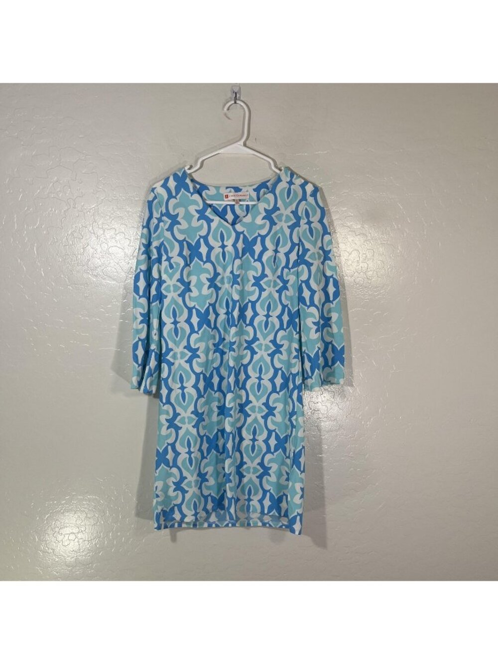 Jude Connally Dress Womens Small Blue Geometric Shift 3/4 Sleeve Stretch Knit
